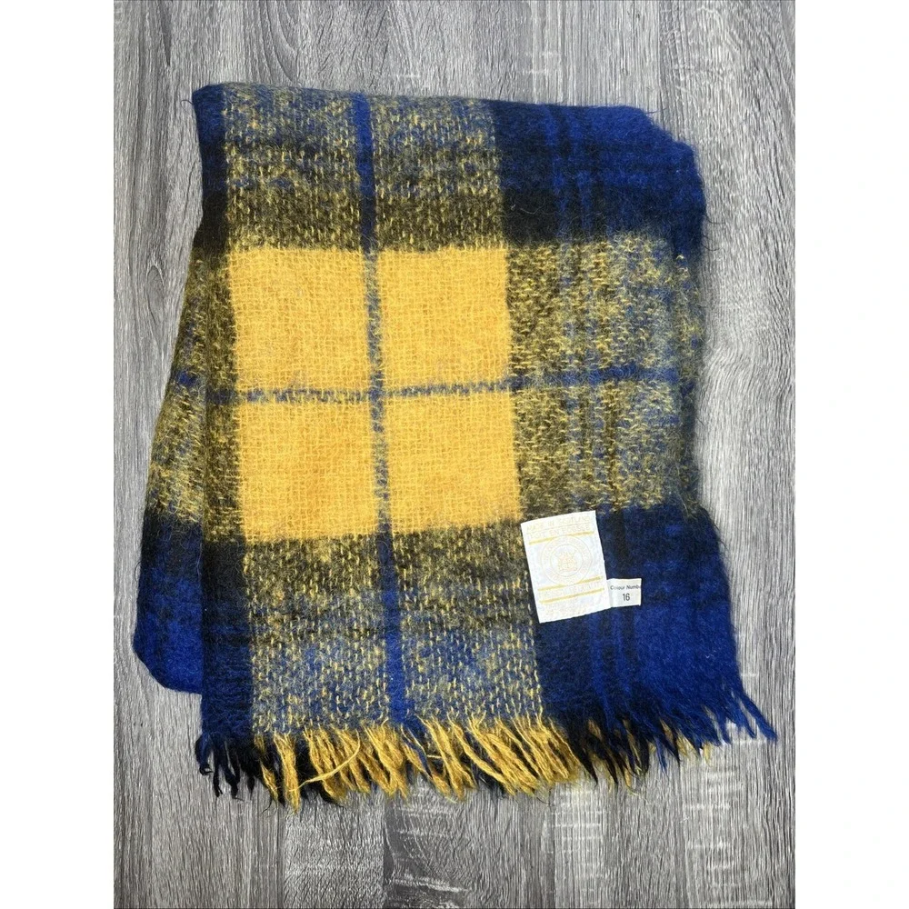 VTG Hudson's Bay Company Mohair/Wool Plaid Throw Blue Yellow Gold 55